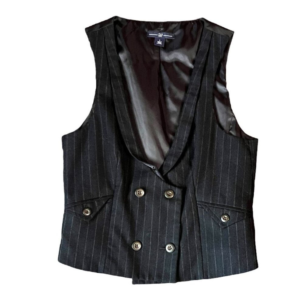 GAP Black Pinstripe Double Breasted Lined Wool Vest w/2 Front Pockets, Size S